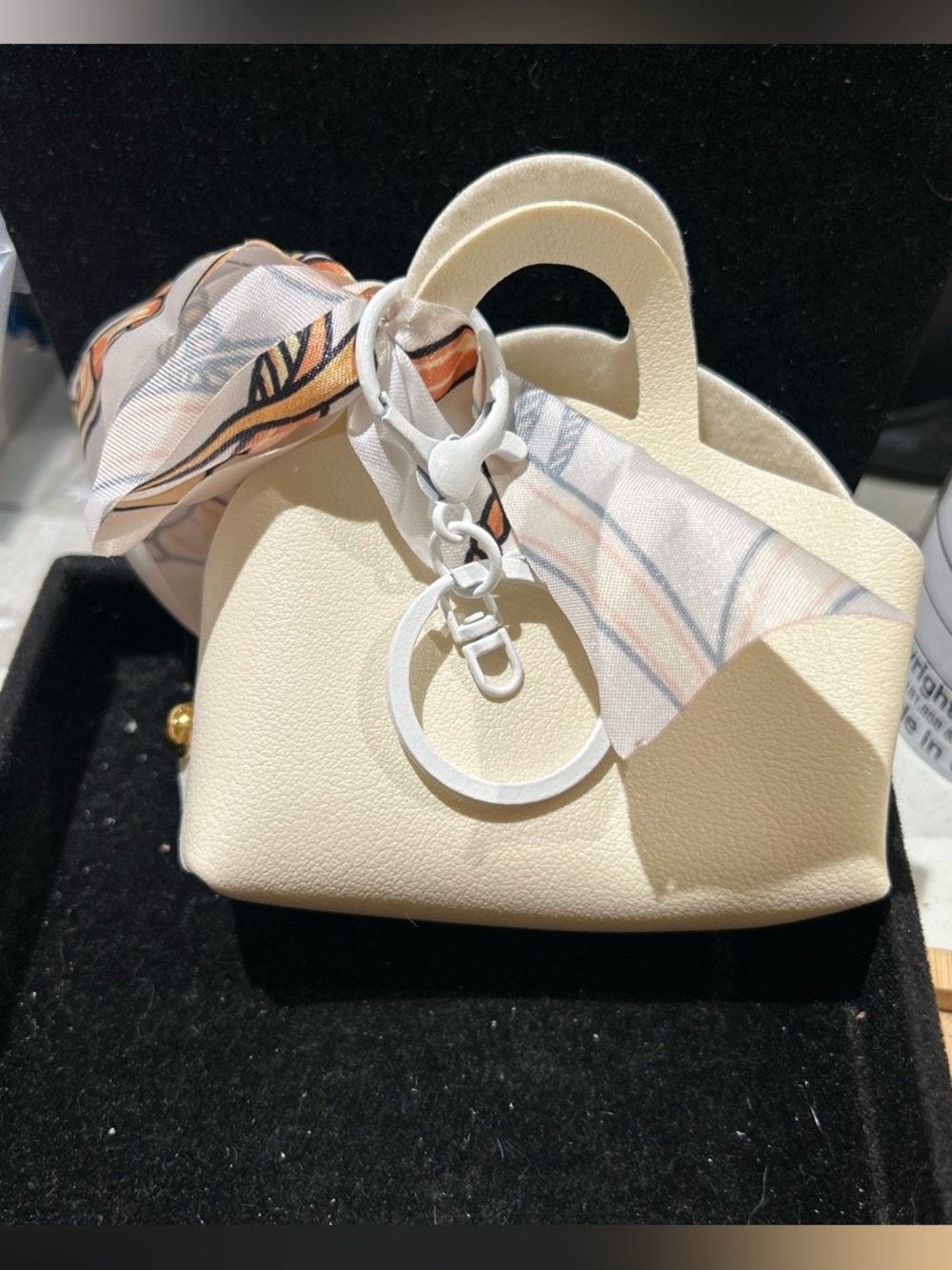 Cream Mini Tote Bag with Printed Scarf Accent keychain